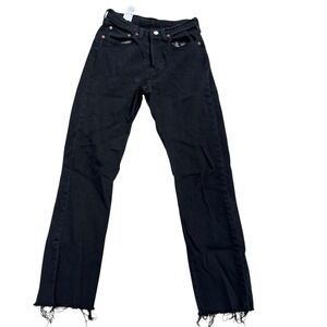 Levi Strauss 501 Womens Black Denim Jeans W26 L30 Distressed Frayed Raw Hem